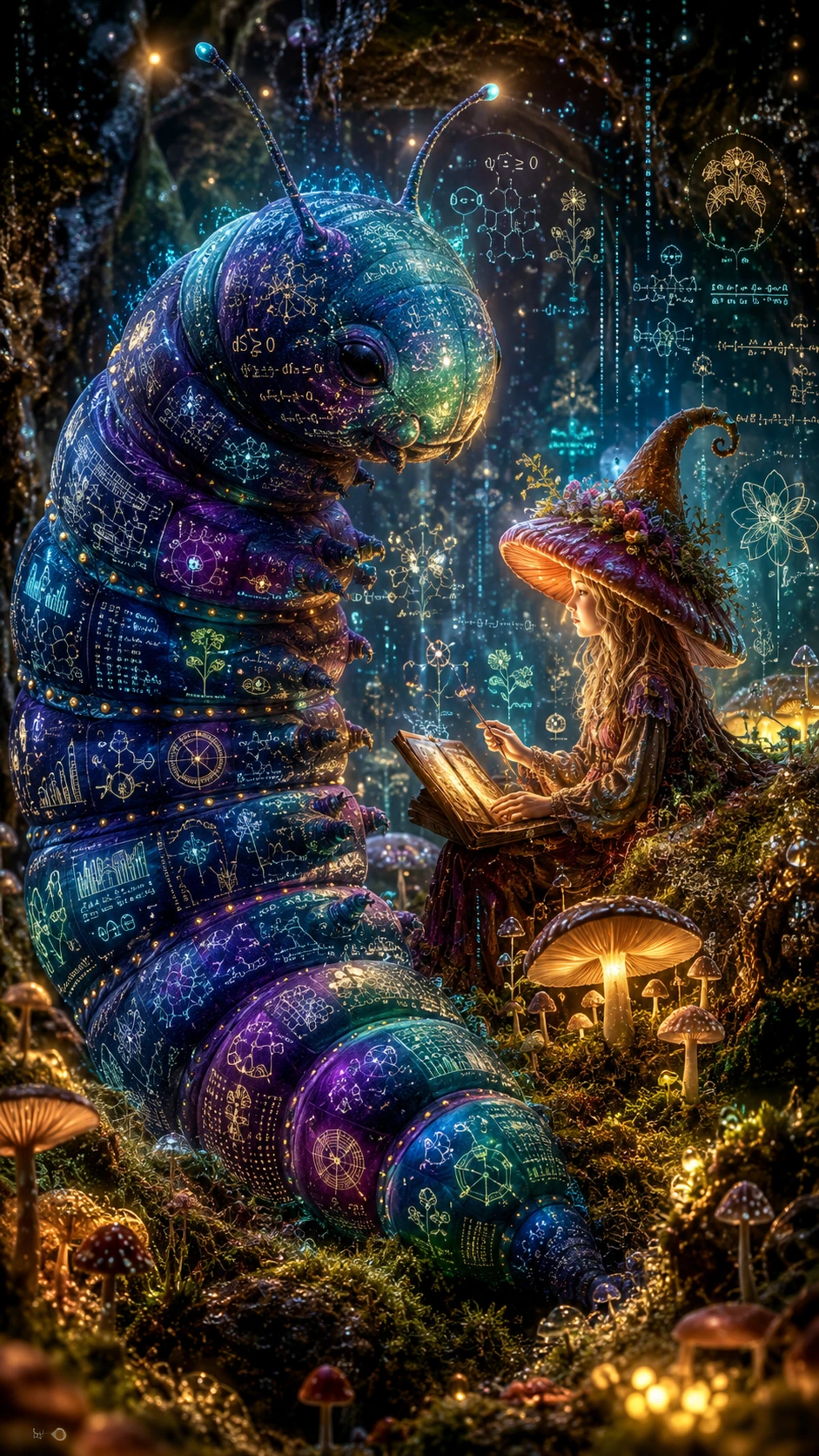 Mushroom witch with jewel caterpillar in enchanted forest