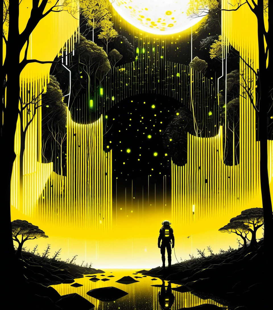 Foresta futuristica luminosa in un paesaggio cosmico oscuro
