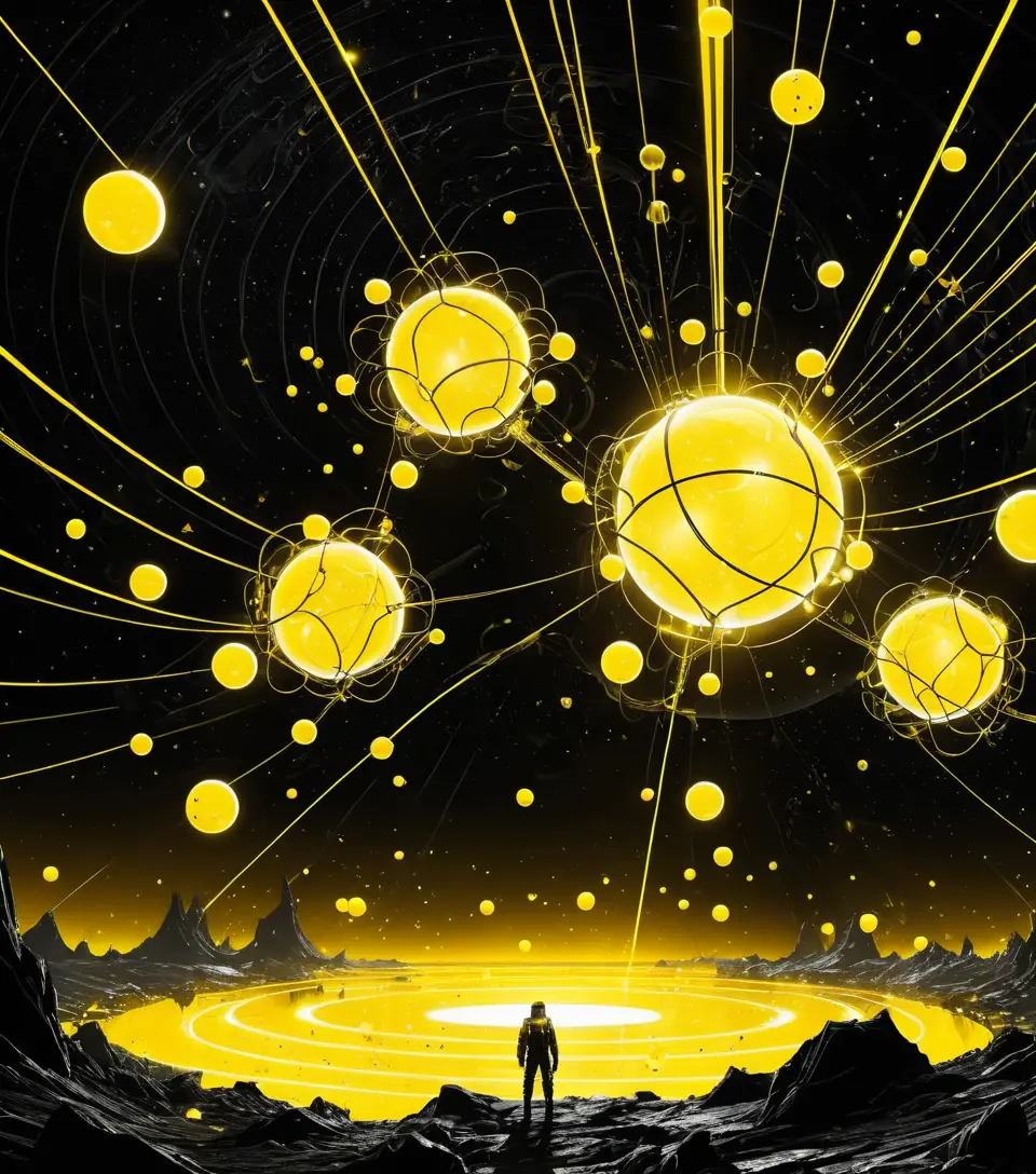 Futuristischer Quantenraum voller leuchtender kosmischer Saiten