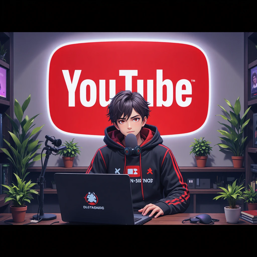 Garçon d’anime en streaming à un bureau d’ordinateur avec microphone
