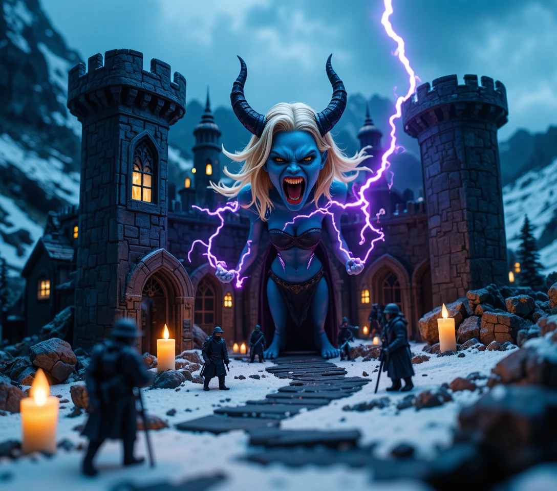 Súcubo de Pele Azul em Frente a Diorama de Castelo Nevado