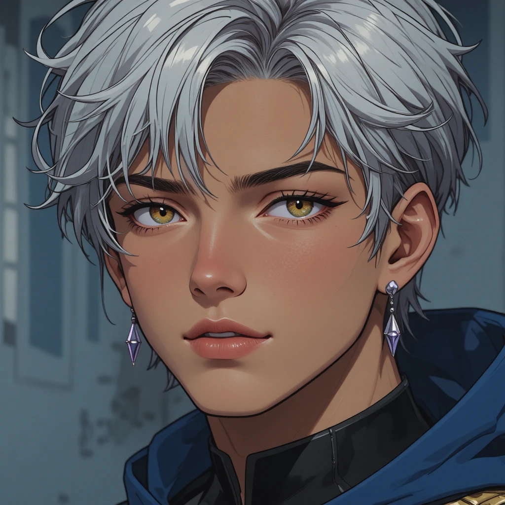 Anime boy with gray hair and yellow eyes portrait