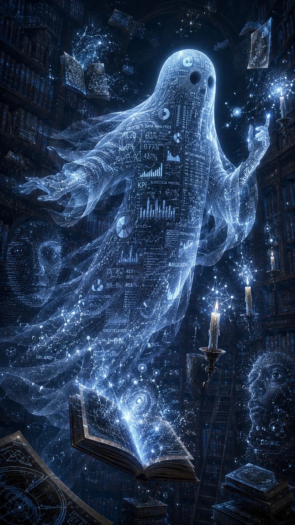 Fantasma translúcido de dados vagando por uma biblioteca celestial infinita