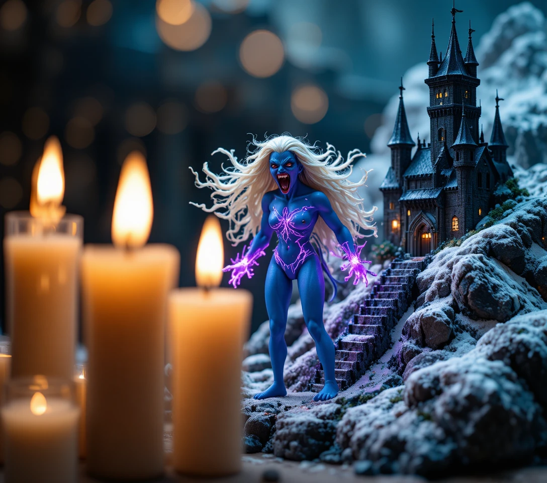 Súcubo de pele azul em diorama de fantasia à luz de velas