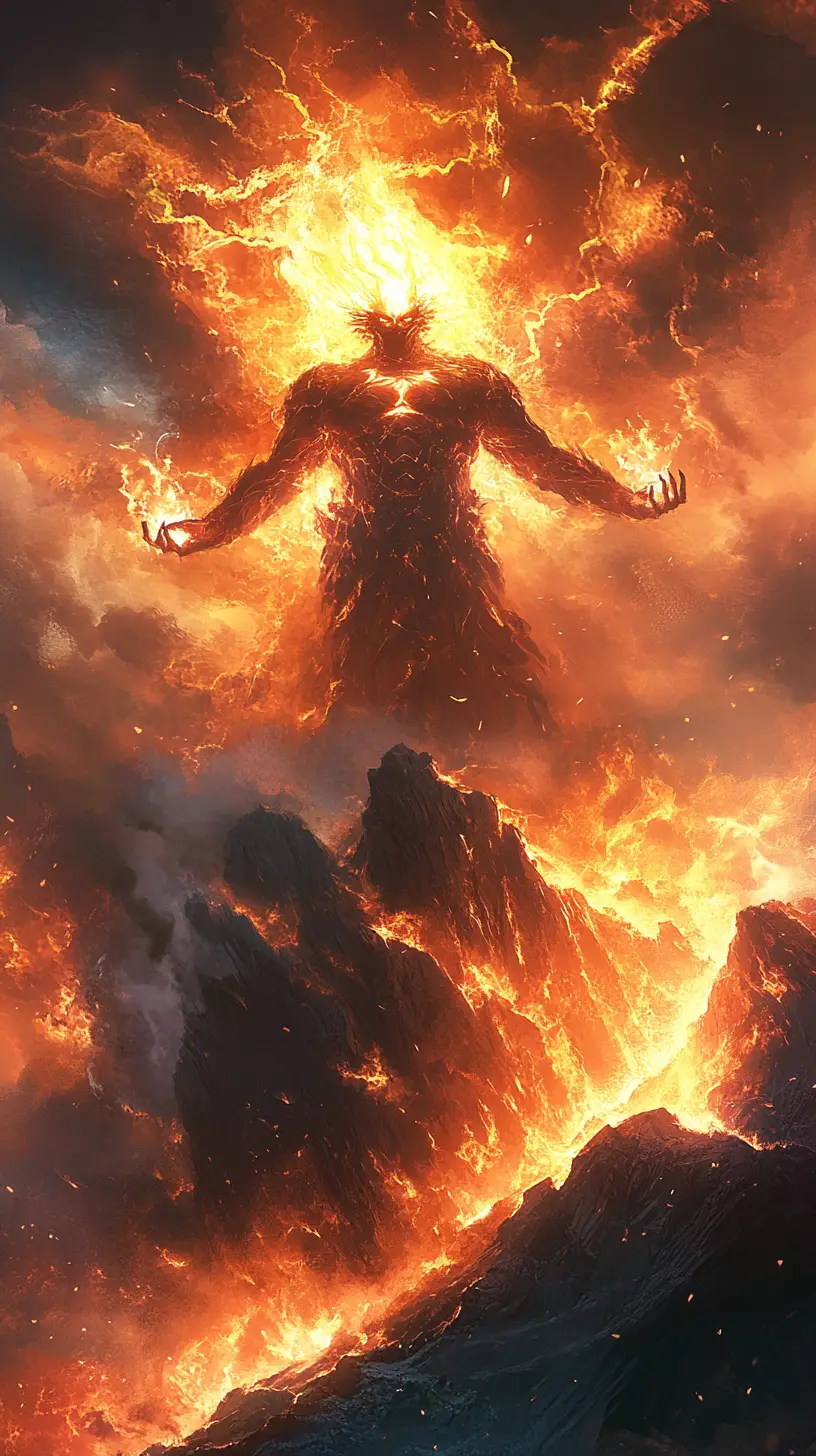 Mythic figure wreathed in fire atop a stormy mountain