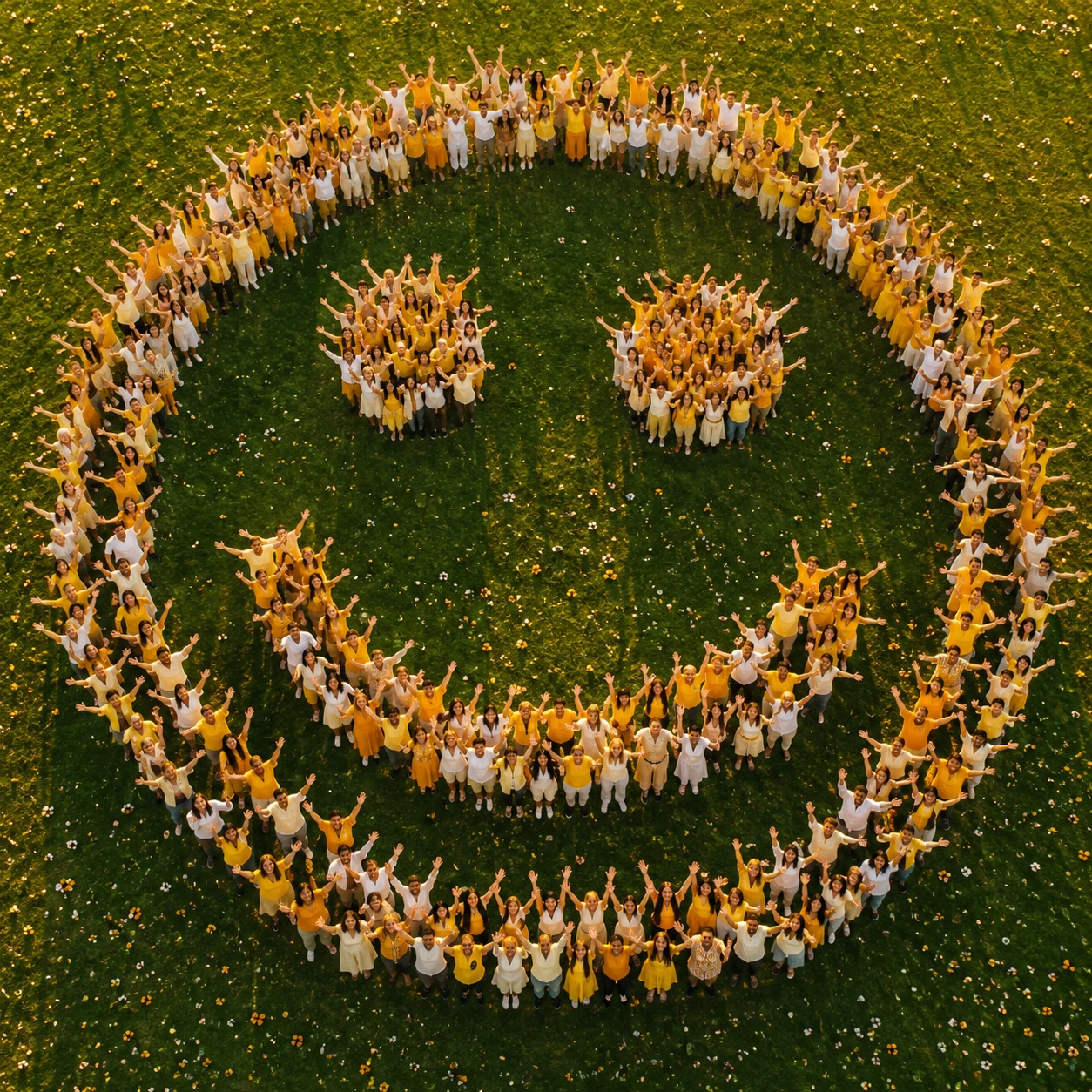 Multidão vista do alto formando um emoji gigante em um gramado verde