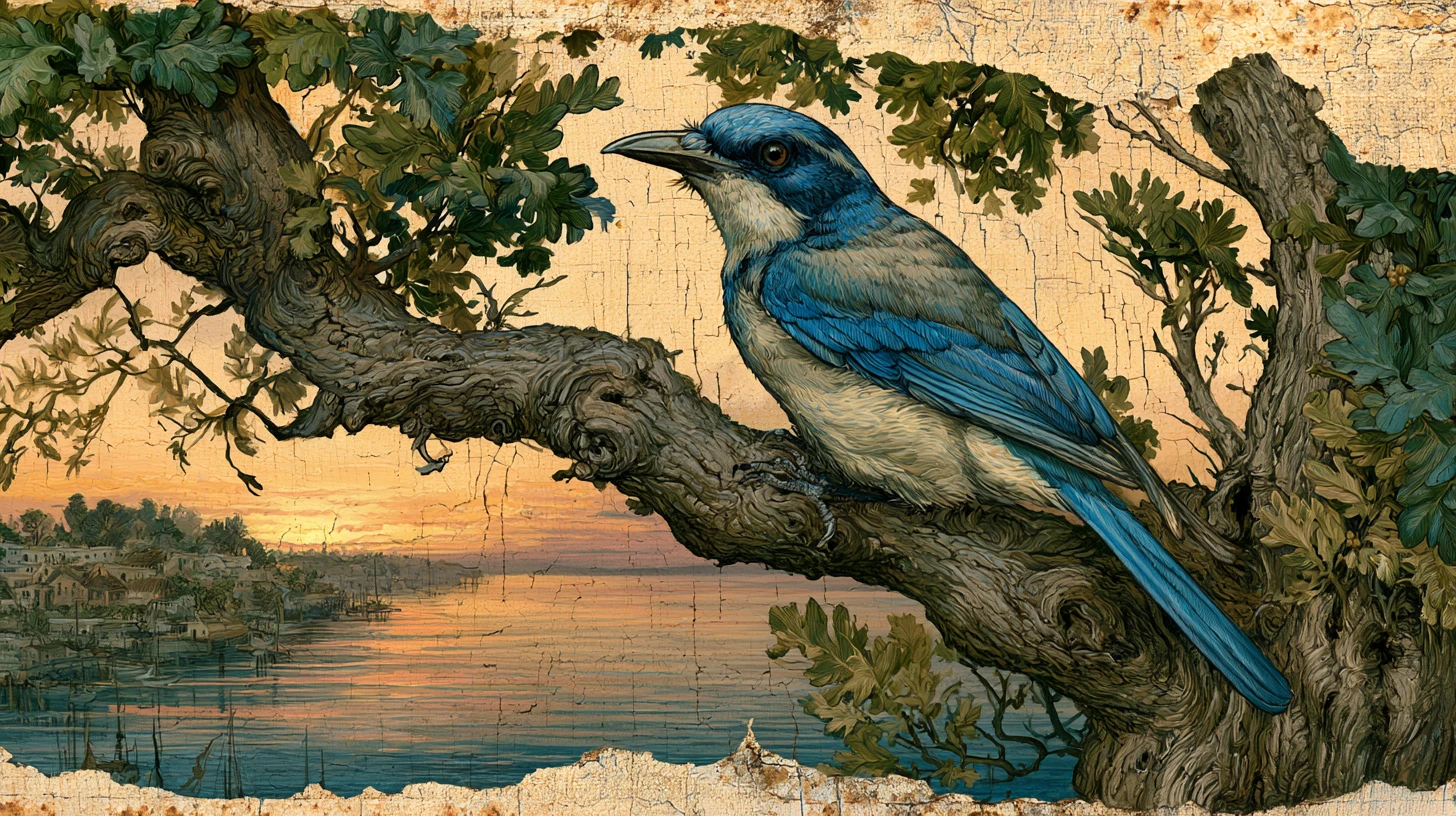 Gaio-azul em um galho de carvalho em uma pintura a óleo art nouveau