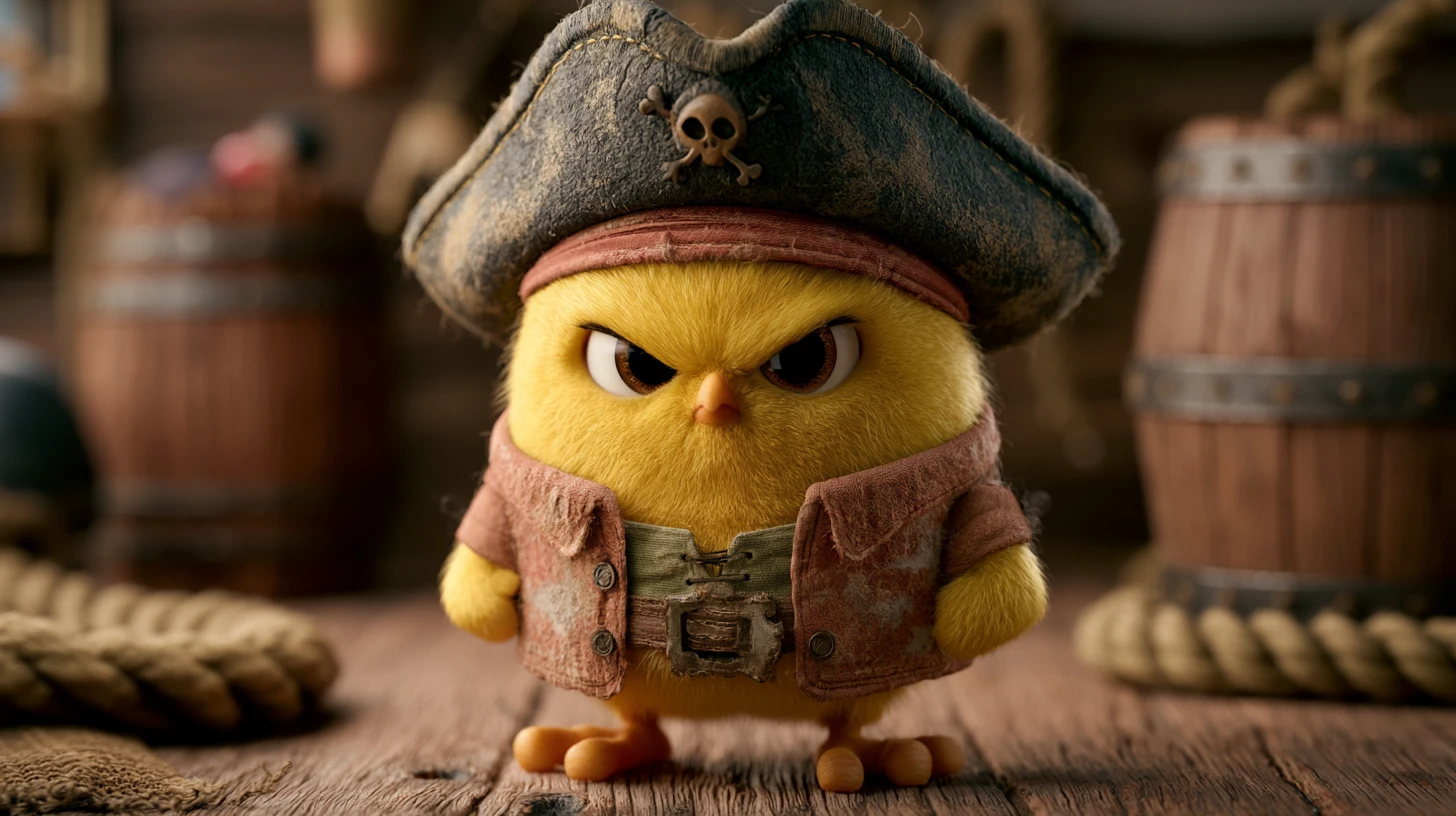Angry yellow pirate chick inside a wooden ship cabin
