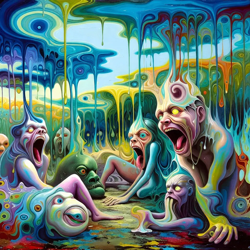 Surreal oil painting of dissolving hybrid creatures in chaos