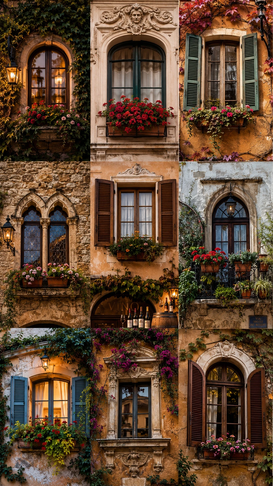 Colorful collage of charming historical building windows
