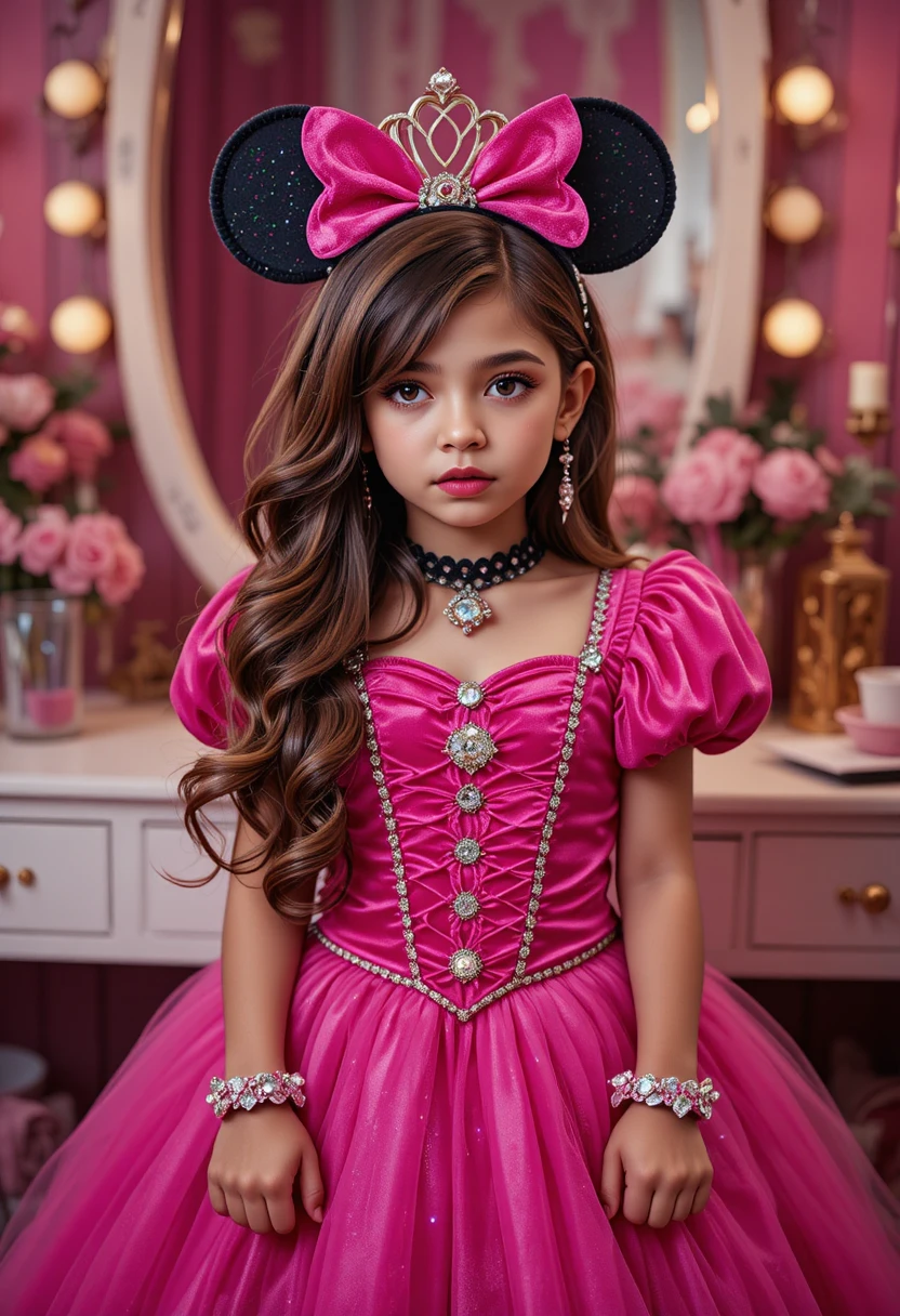Menino hispânico nervoso com fantasia de princesa ao lado de uma penteadeira