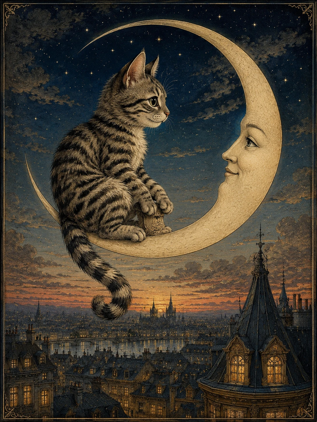 Fantasy cat resting on a crescent moon above a city