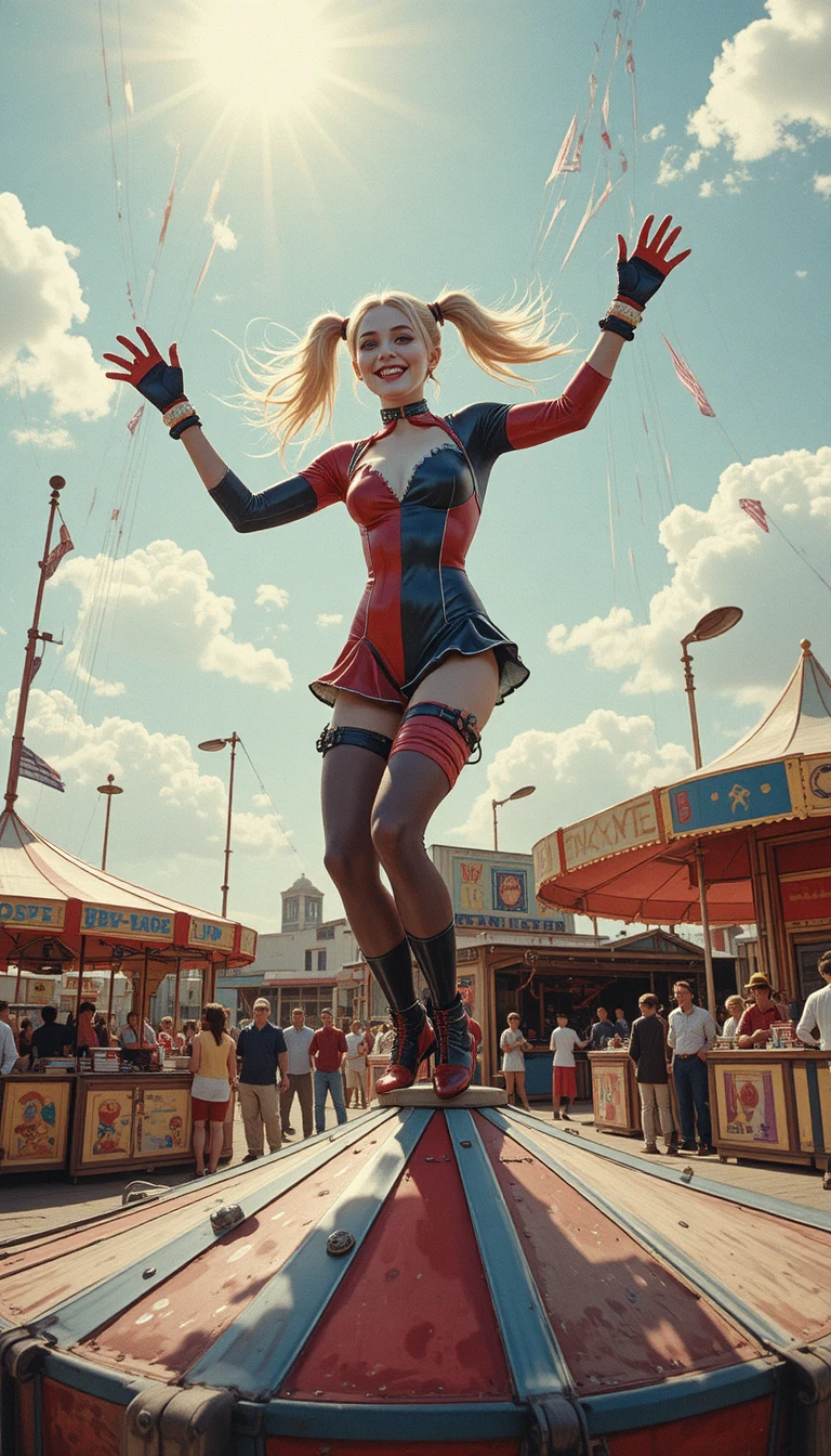 Pin up woman spinning on a toy top at fairground