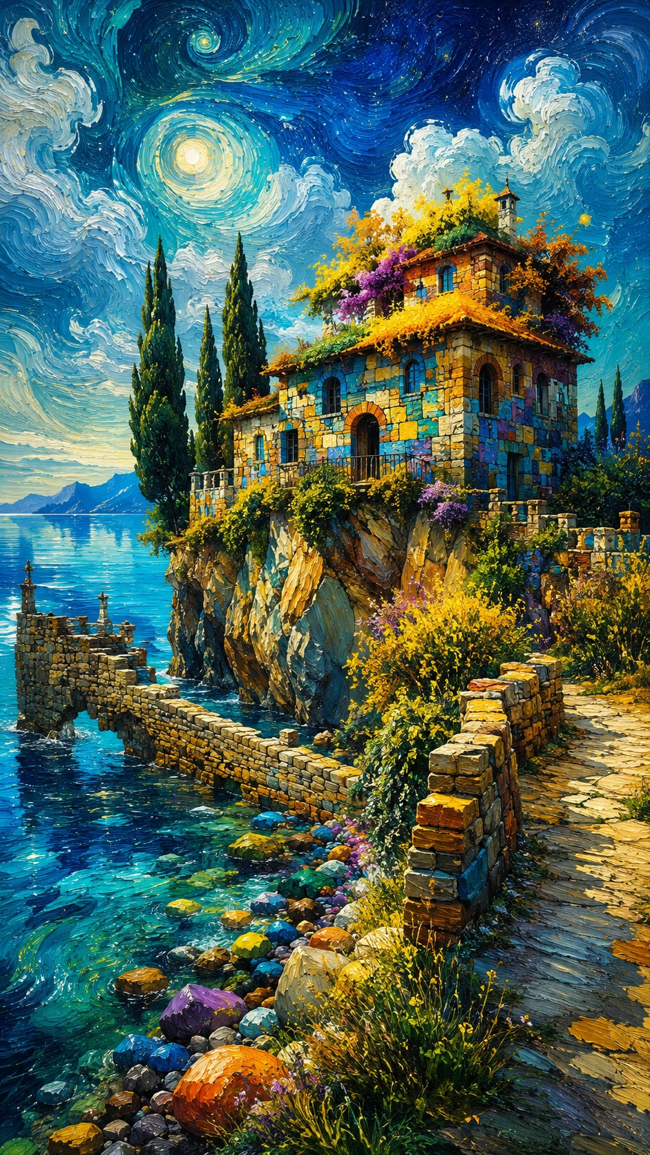 Casa de pedra surreal em um litoral rochoso e colorido