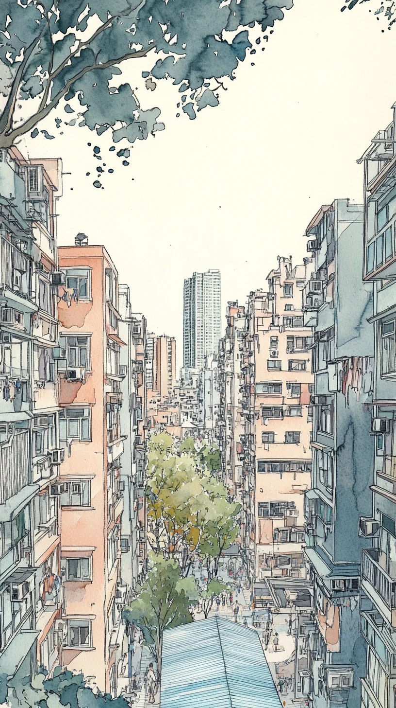 Träumige Aquarell-Stadtschlucht mit pastellfarbenen Wohnhäusern