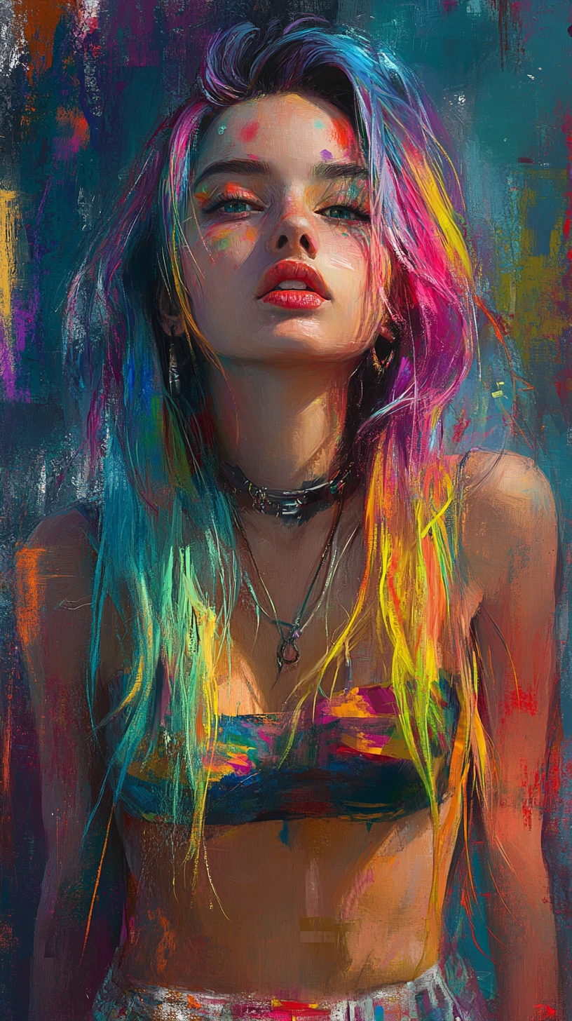 Jovem com cabelo multicolorido em um look fashion brilhante