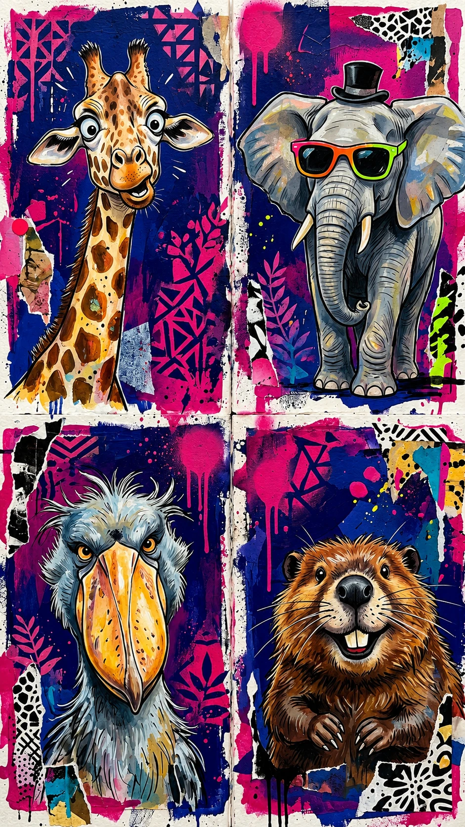 Surprised Giraffe In Playful Mixed Media Collage