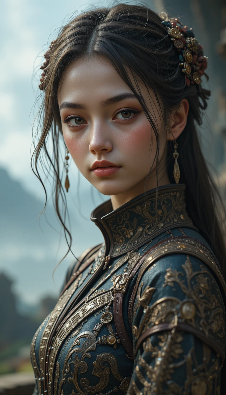 Girl in detailed clothes within a realistic fantasy world