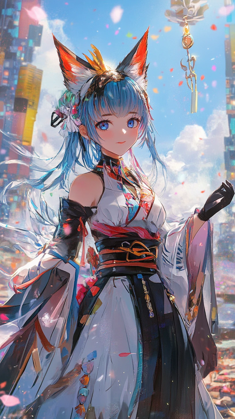 矢を持つ未来的な衣装の青髪アニメ少女