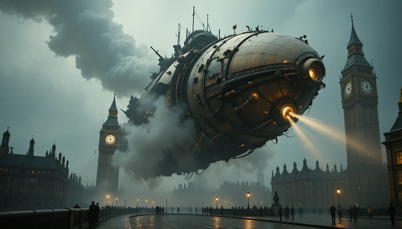 Kolossales Steampunk-Alien-Luftschiff über dem nebligen viktorianischen London