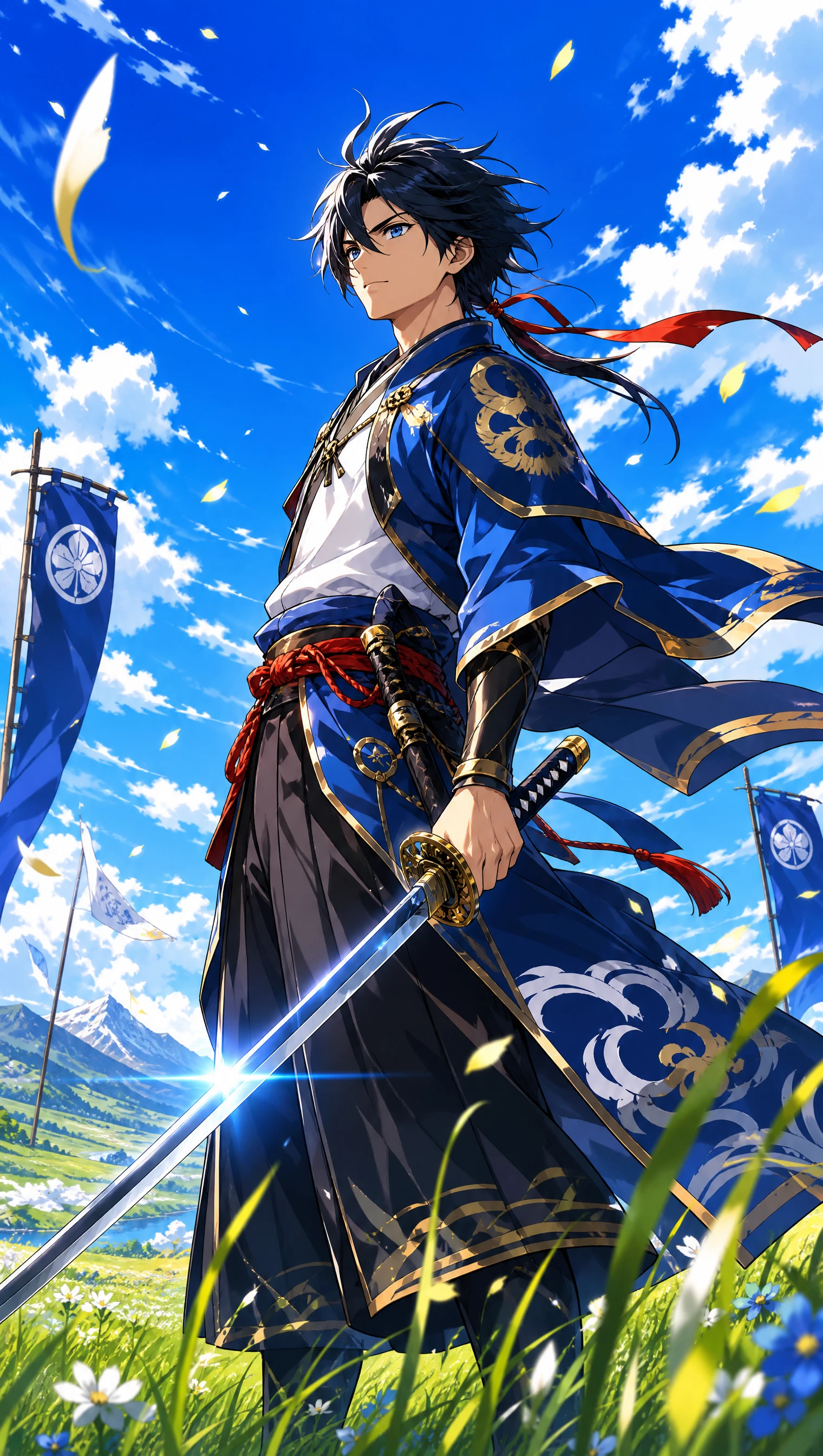 Espadachim de anime posando confiante em um campo aberto e iluminado