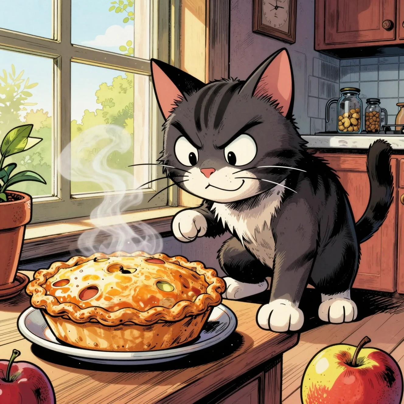 Chat espiègle lorgnant une tarte aux pommes sur un rebord de fenêtre ensoleillé
