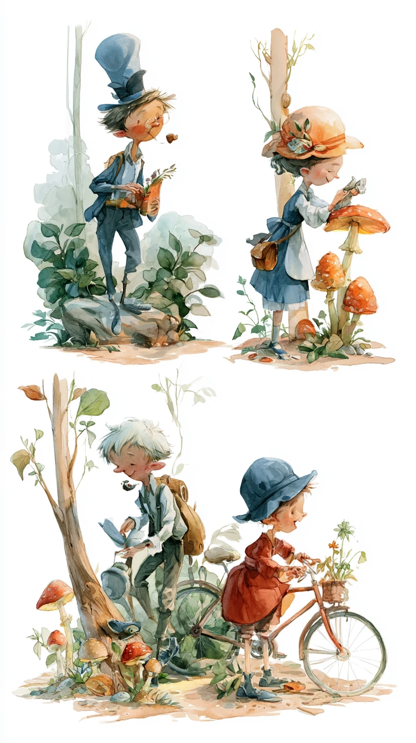 Watercolor friendship scene with two quirky cartoon characters