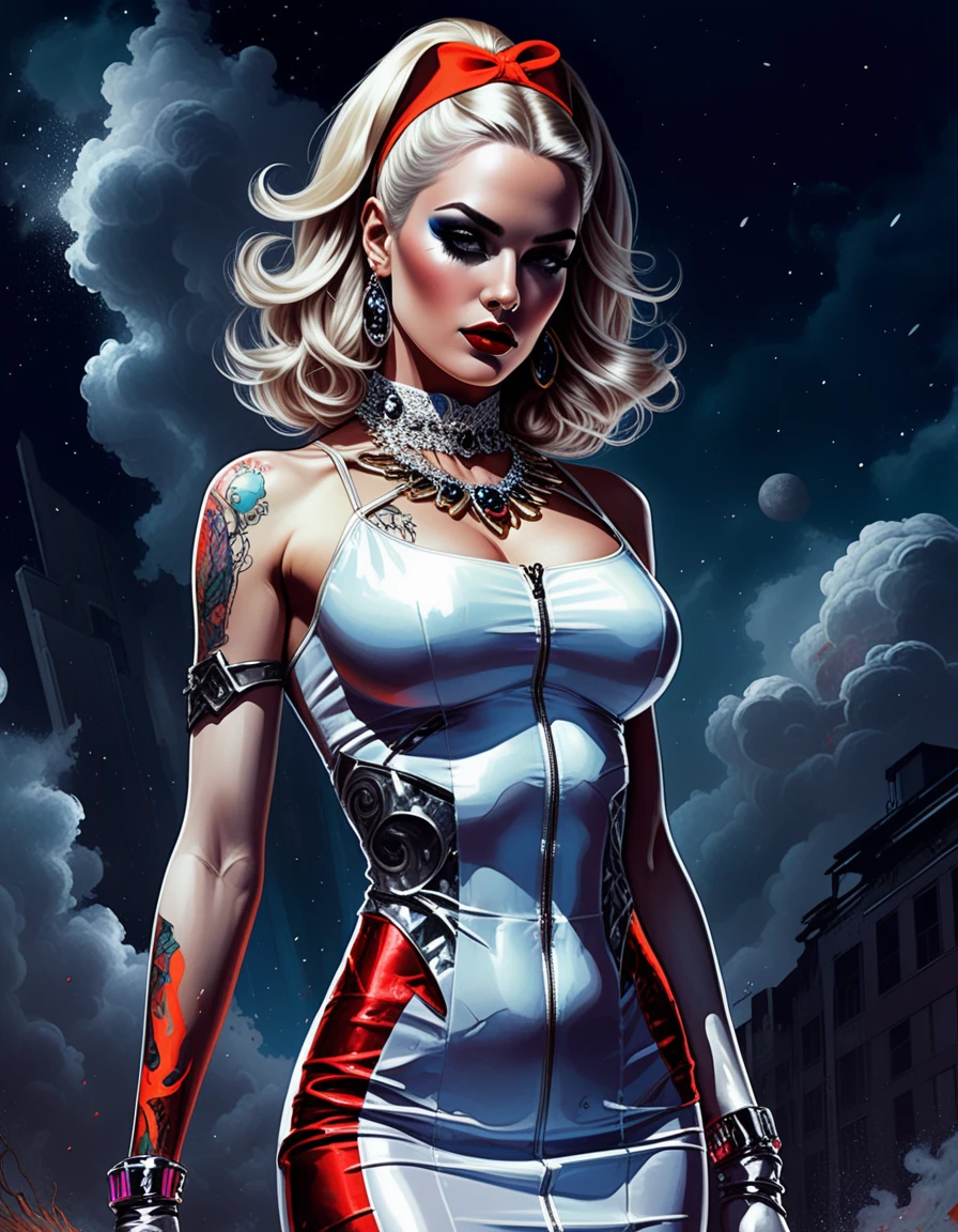 Athletic blonde pin up woman in neon white club dress