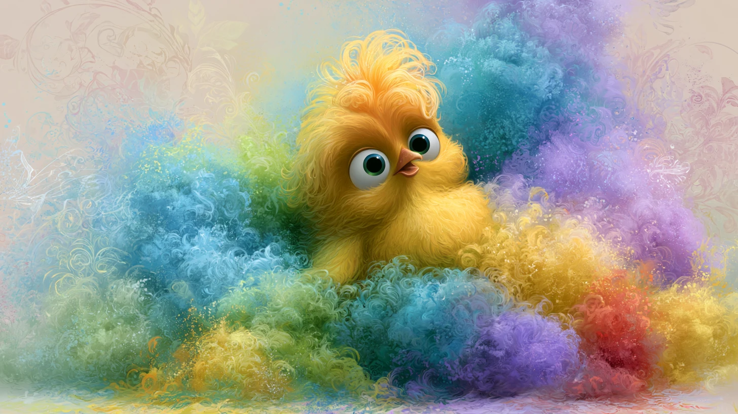 Tiny yellow chick in swirling colorful powder clouds