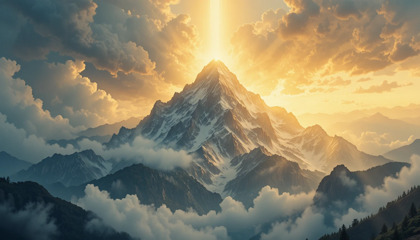 Pico de montanha majestoso em luz celestial radiante