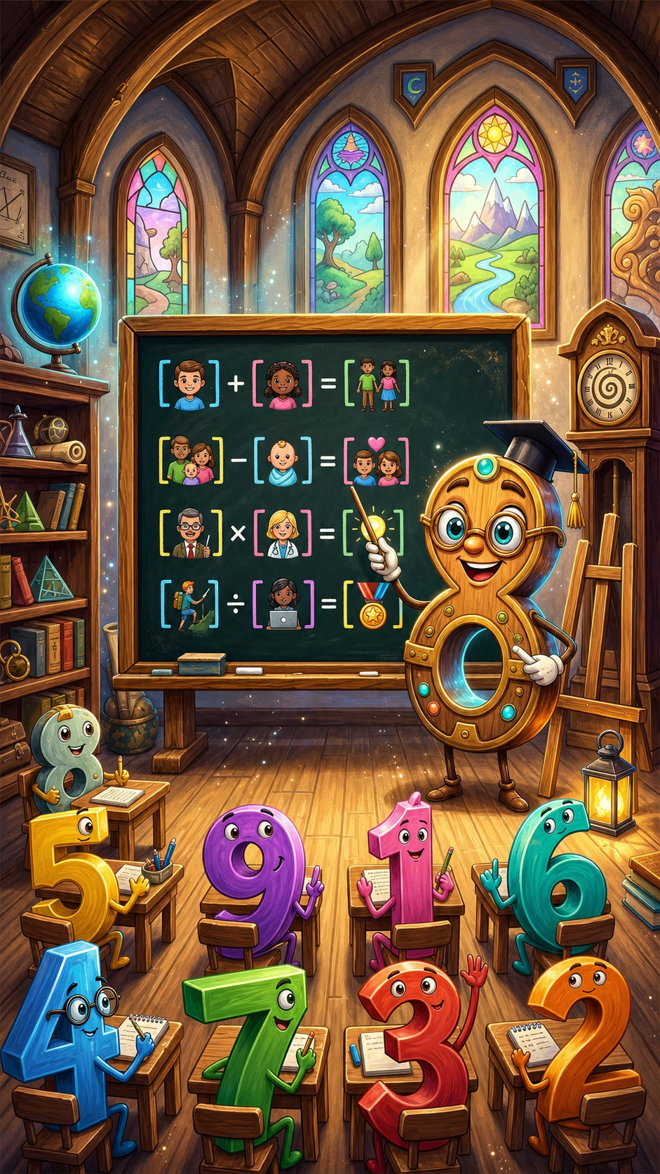 Surreal number characters learning math in a classroom