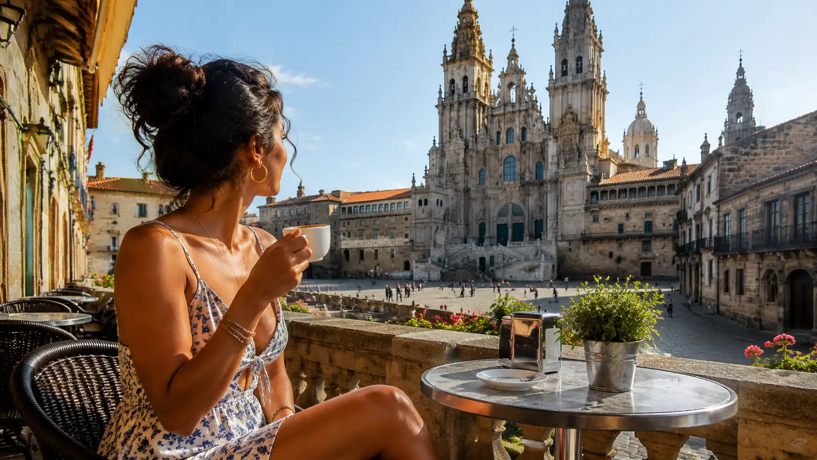 Spanish woman at a terrace café near Santiago cathedral