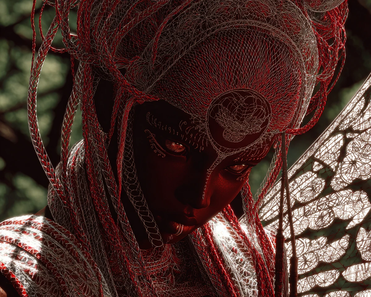 Femme angélique à la peau sombre dans un paysage japonais surréaliste