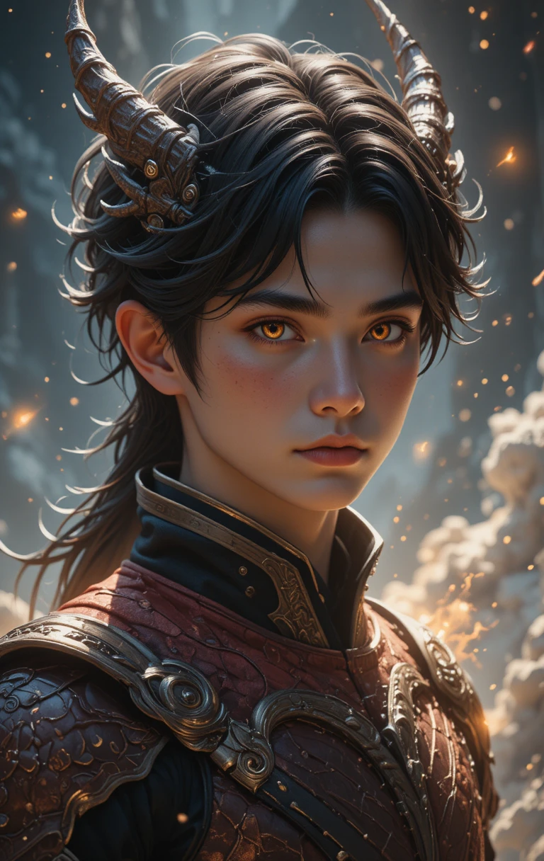 Young draconic anime boy with golden skin and orange eyes