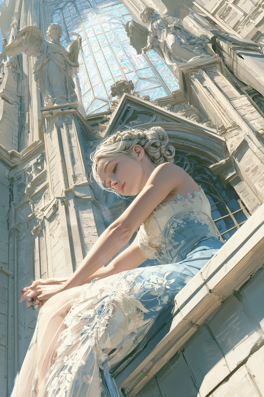 Young girl sitting by cathedral under watchful angels
