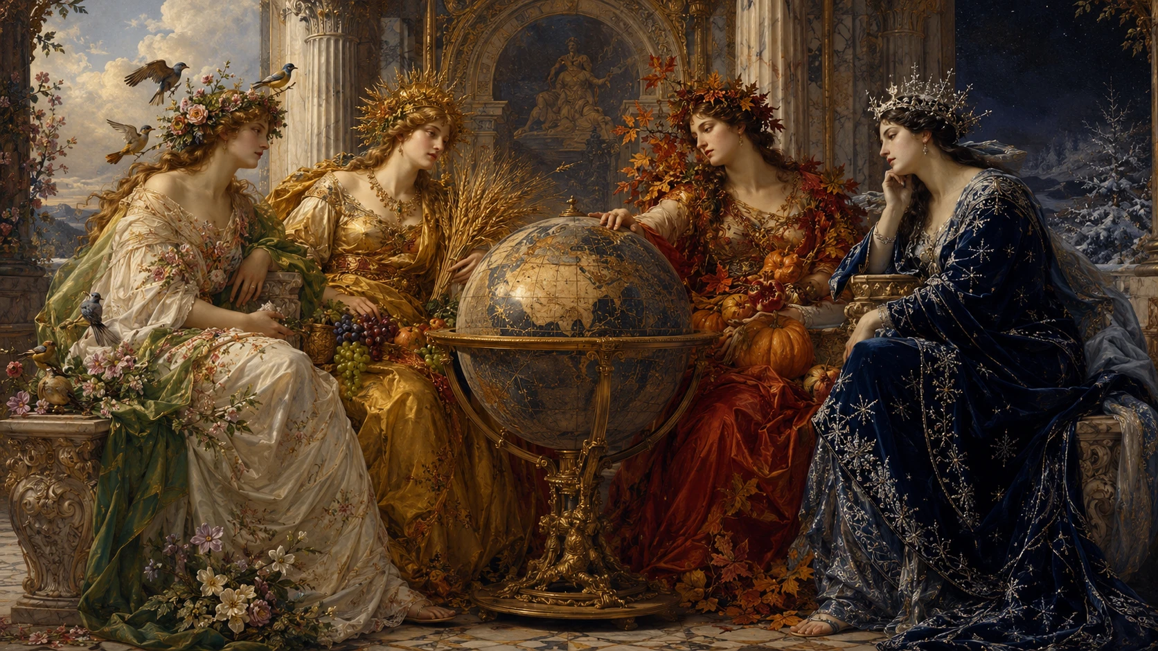 Quatro Rainhas das Estações em Torno de um Antigo Globo Celeste