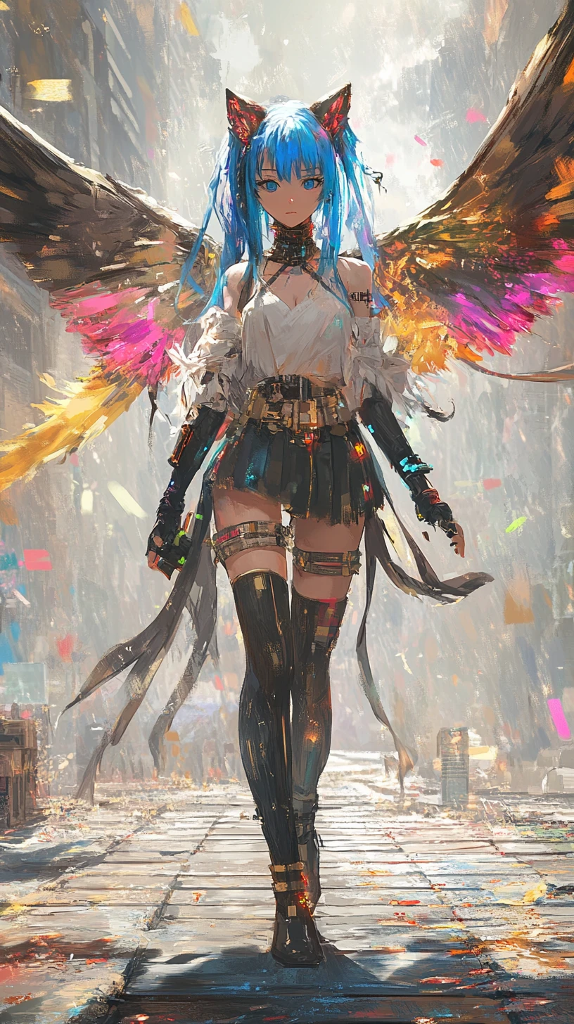 Garota de anime de cabelo azul em traje futurista com setas