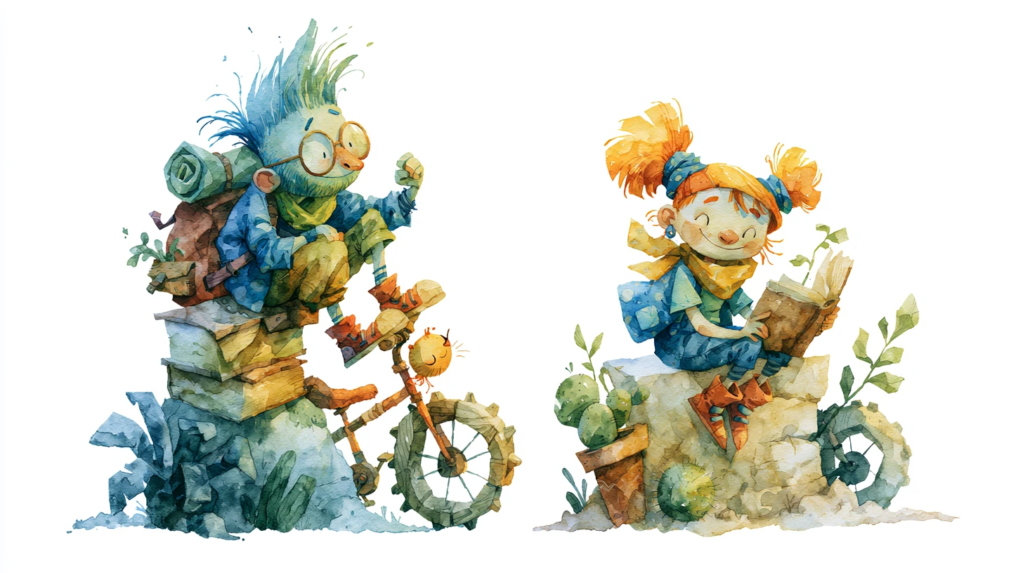 Amis de dessin animé en aquarelle dans des poses ludiques et contrastées