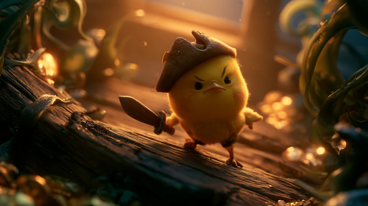 Tiny pirate chick on a wooden shipwreck at sea