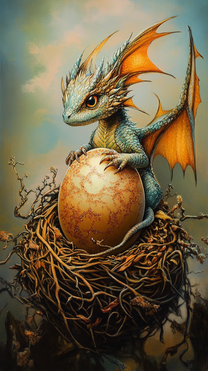 Surreales Drachenei in einem magischen Fantasy-Nest geborgen