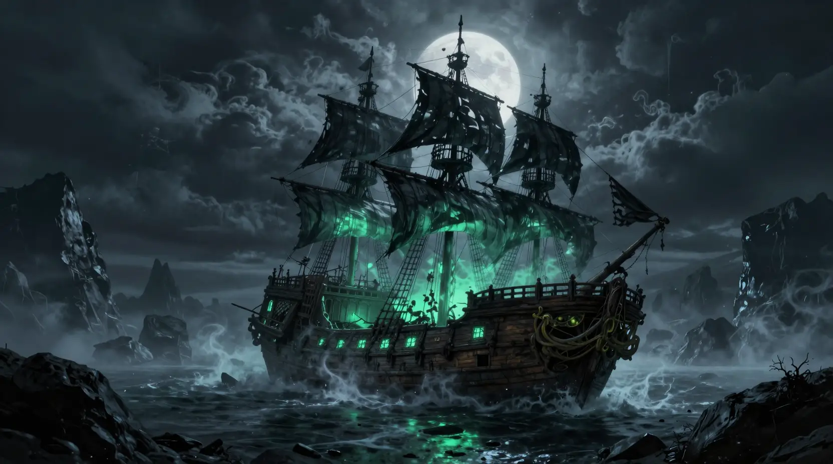 Geisterhaftes Piratenwrack, das in einer stürmischen Mitternachtsbucht leuchtet