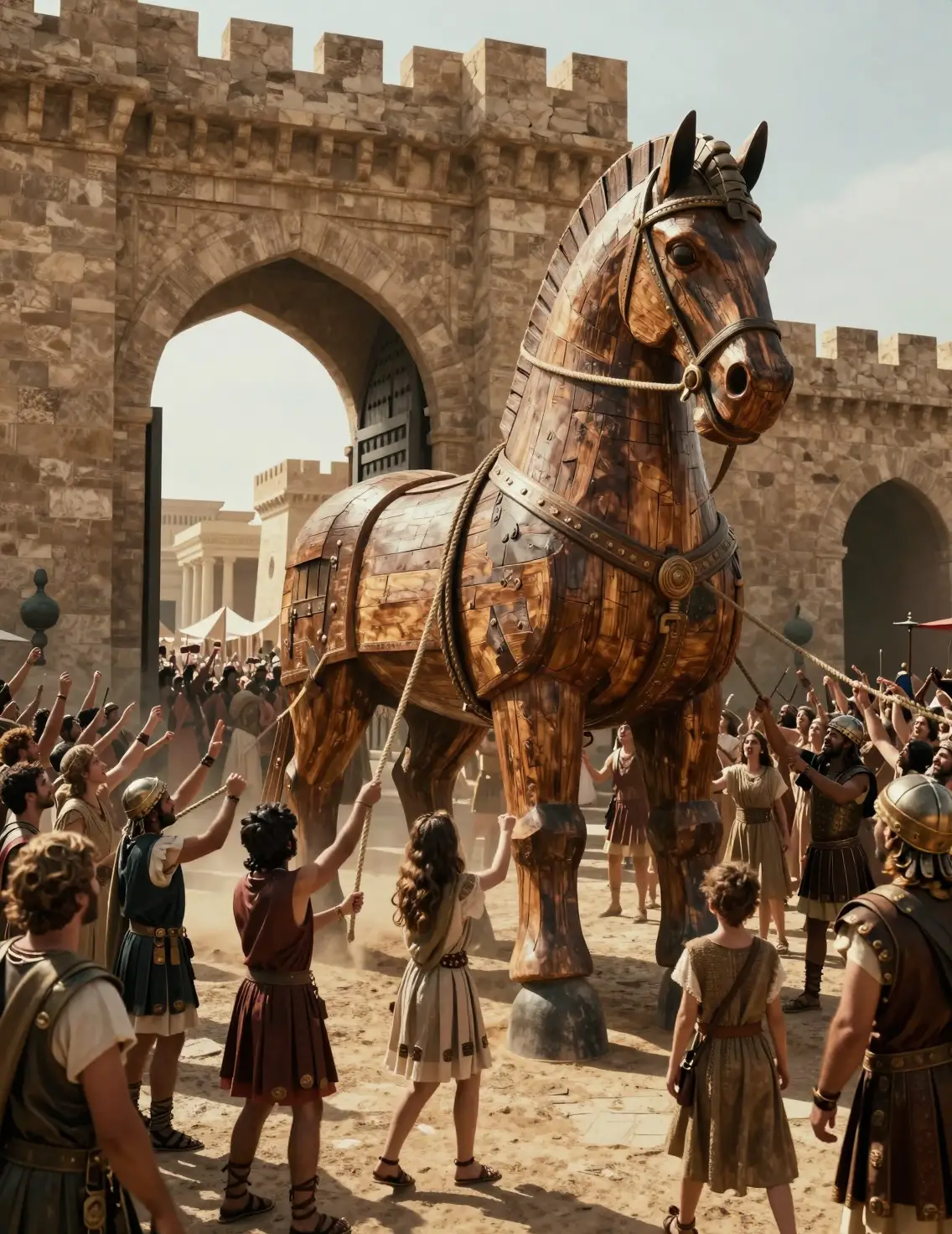 Trojan citizens celebrate as the wooden horse enters Troy