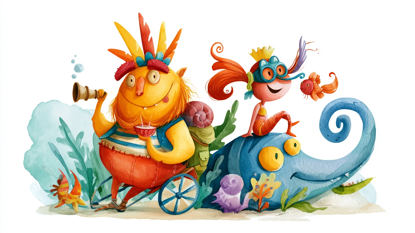 Scena di amicizia ad acquerello con due buffi personaggi da libro illustrato