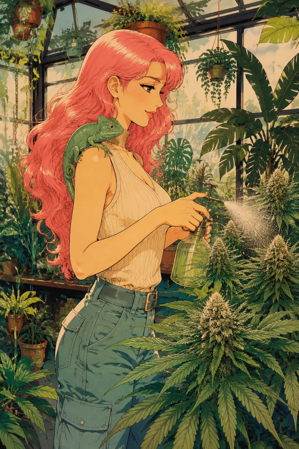 茂密溫室中為大麻噴霧的動漫女子