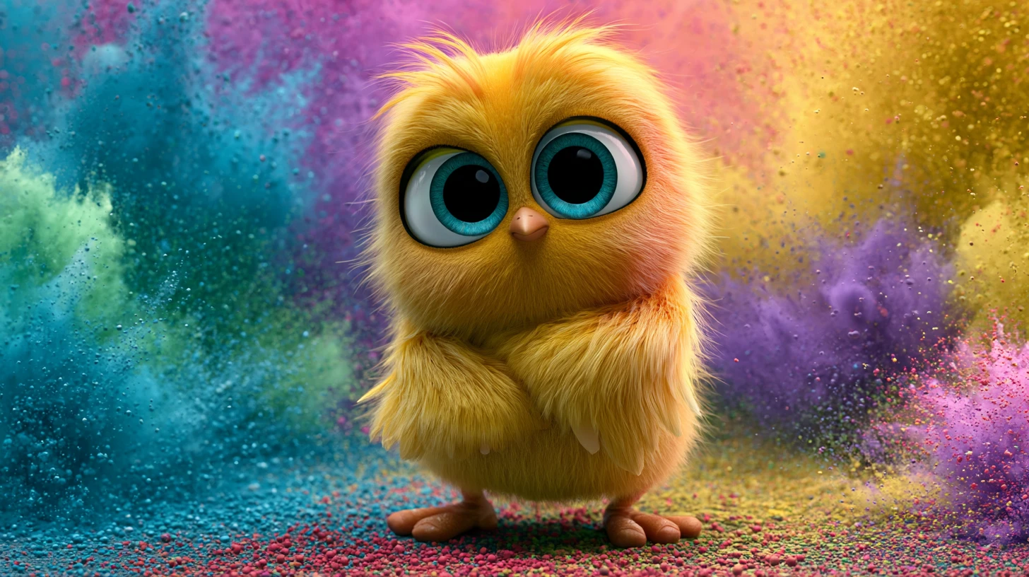 Tiny yellow chick surrounded by vibrant color powder clouds