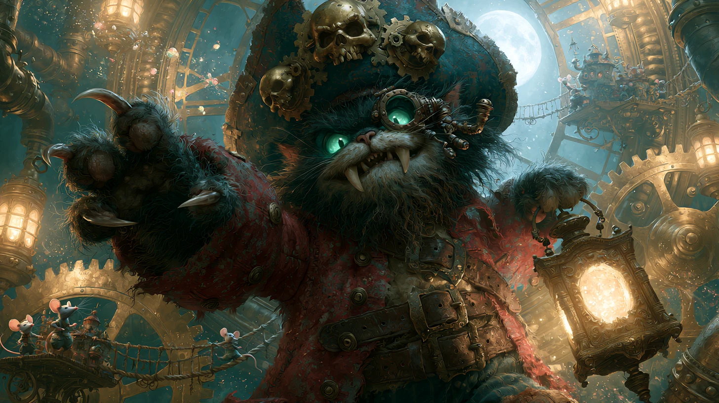 Chat capitaine pirate à l’intérieur d’une gigantesque horloge steampunk