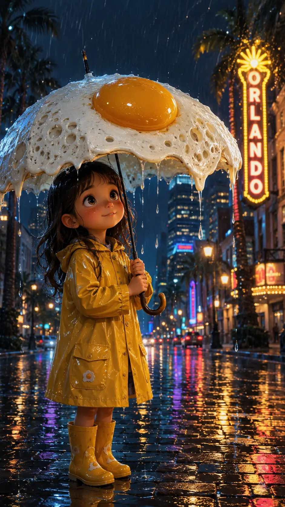 雨夜城市中撐煎蛋傘的女孩