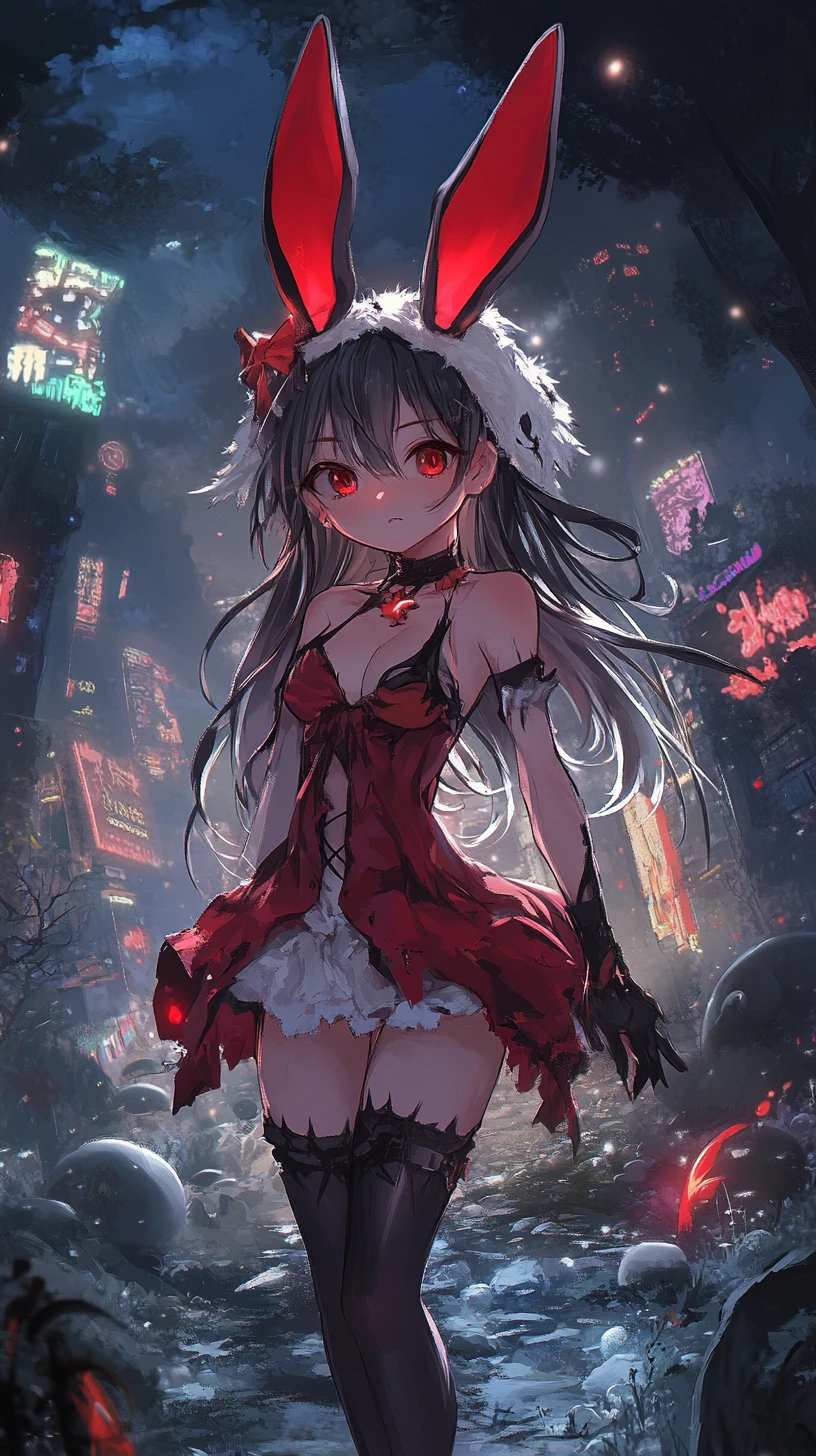 Anime-Mädchen mit Hasenmotiv-Outfit im Fantasiewald