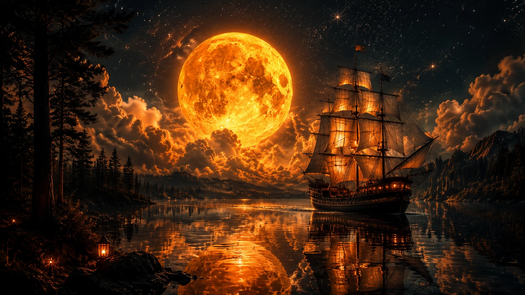 Lago noturno surreal com lua brilhante e navio luminoso