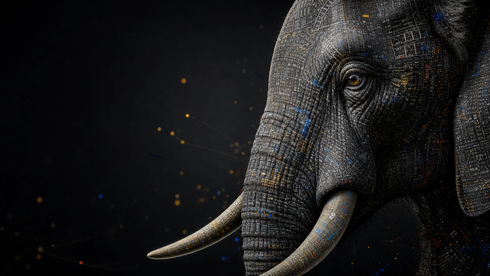 Retrato de Elefante Formado por Glifos de Dados Digitais Fluindo